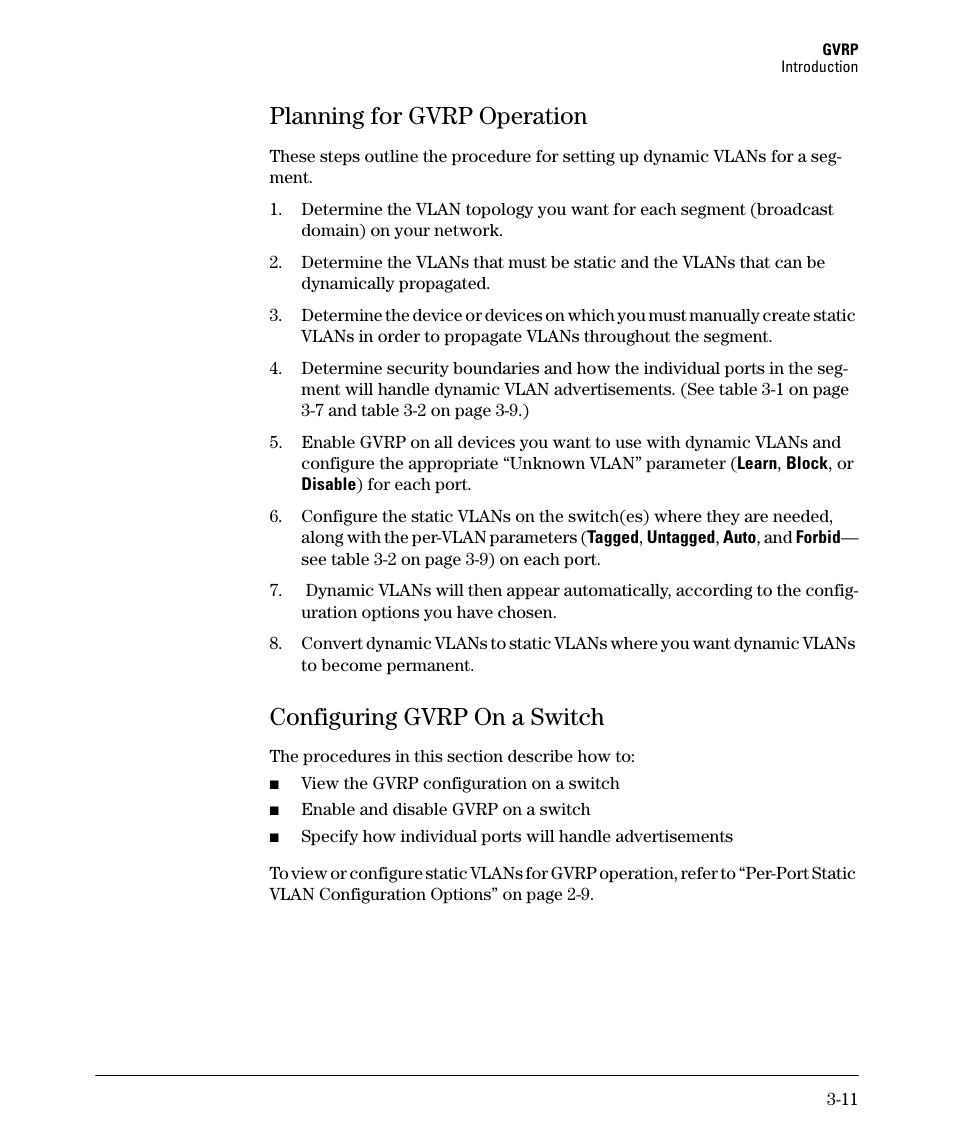 Planning for gvrp operation, Configuring gvrp on a switch, Planning for gvrp operation -11 | Configuring gvrp on a switch -11 | HP 2610-PWR User Manual | Page 77 / 364