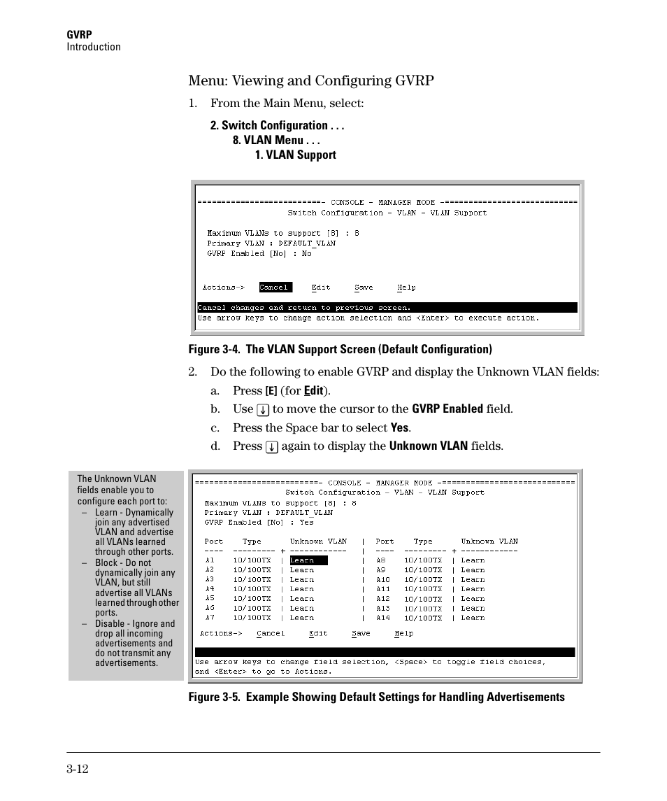 Menu: viewing and configuring gvrp, Menu: viewing and configuring gvrp -12 | HP 2610-PWR User Manual | Page 78 / 364