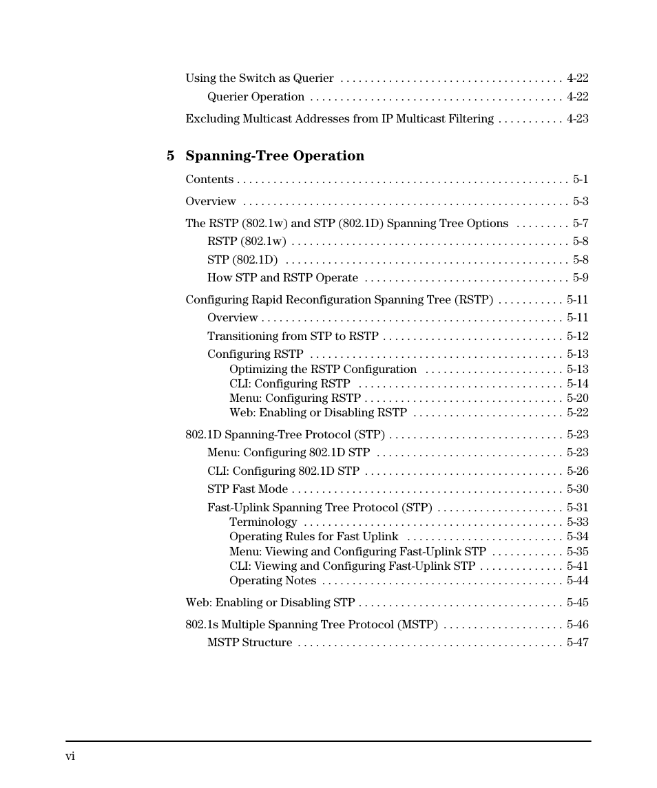 5 spanning-tree operation | HP 2610-PWR User Manual | Page 8 / 364