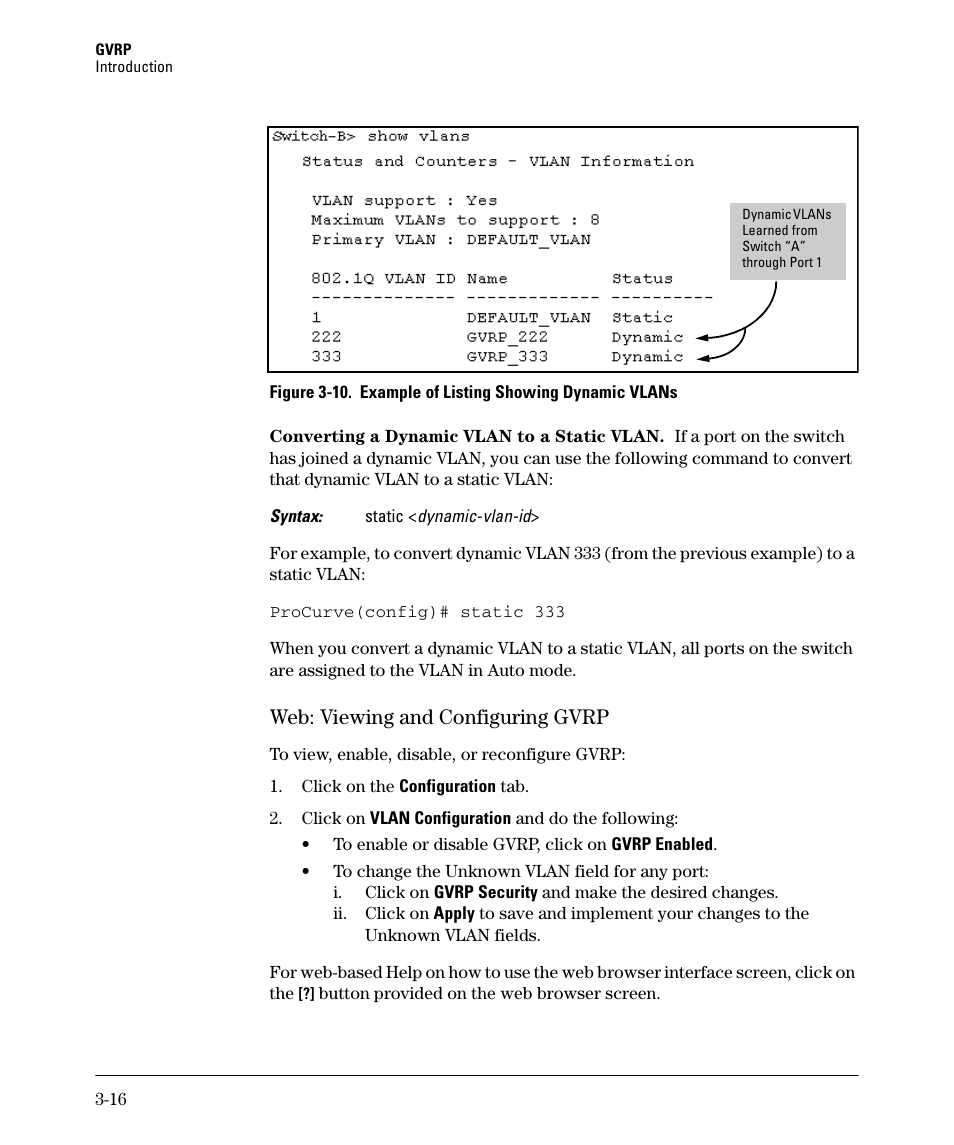 Web: viewing and configuring gvrp, Web: viewing and configuring gvrp -16 | HP 2610-PWR User Manual | Page 82 / 364