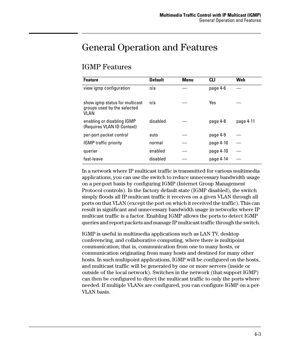 General operation and features, Igmp features, General operation and features -3 | Igmp features -3 | HP 2610-PWR User Manual | Page 87 / 364