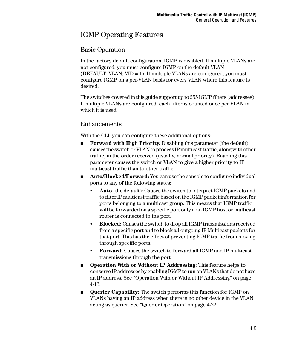 Igmp operating features, Basic operation, Enhancements | Igmp operating features -5, Basic operation -5 enhancements -5 | HP 2610-PWR User Manual | Page 89 / 364