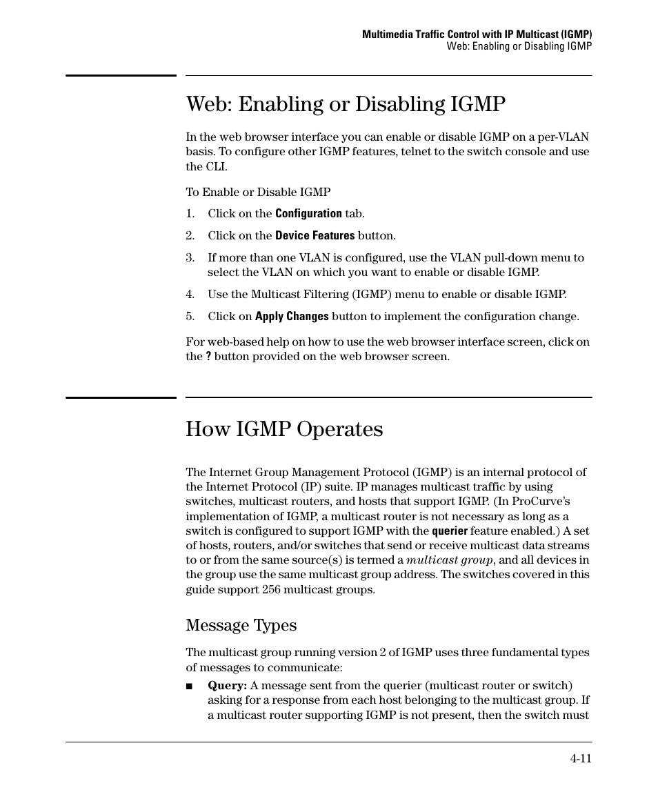 Web: enabling or disabling igmp, How igmp operates, Message types | Web: enabling or disabling igmp -11, How igmp operates -11, Message types -11 | HP 2610-PWR User Manual | Page 95 / 364