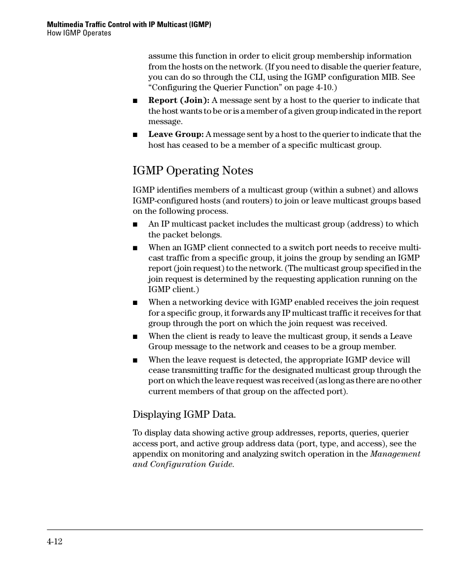Igmp operating notes, Displaying igmp data, Igmp operating notes -12 | Displaying igmp data -12 | HP 2610-PWR User Manual | Page 96 / 364