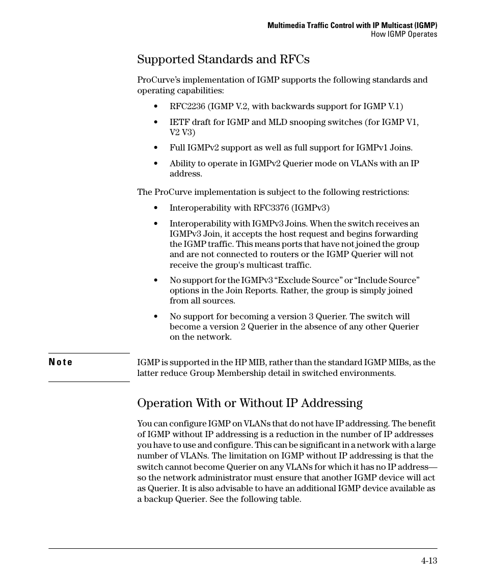 Supported standards and rfcs, Operation with or without ip addressing, Supported standards and rfcs -13 | Operation with or without ip addressing -13 | HP 2610-PWR User Manual | Page 97 / 364