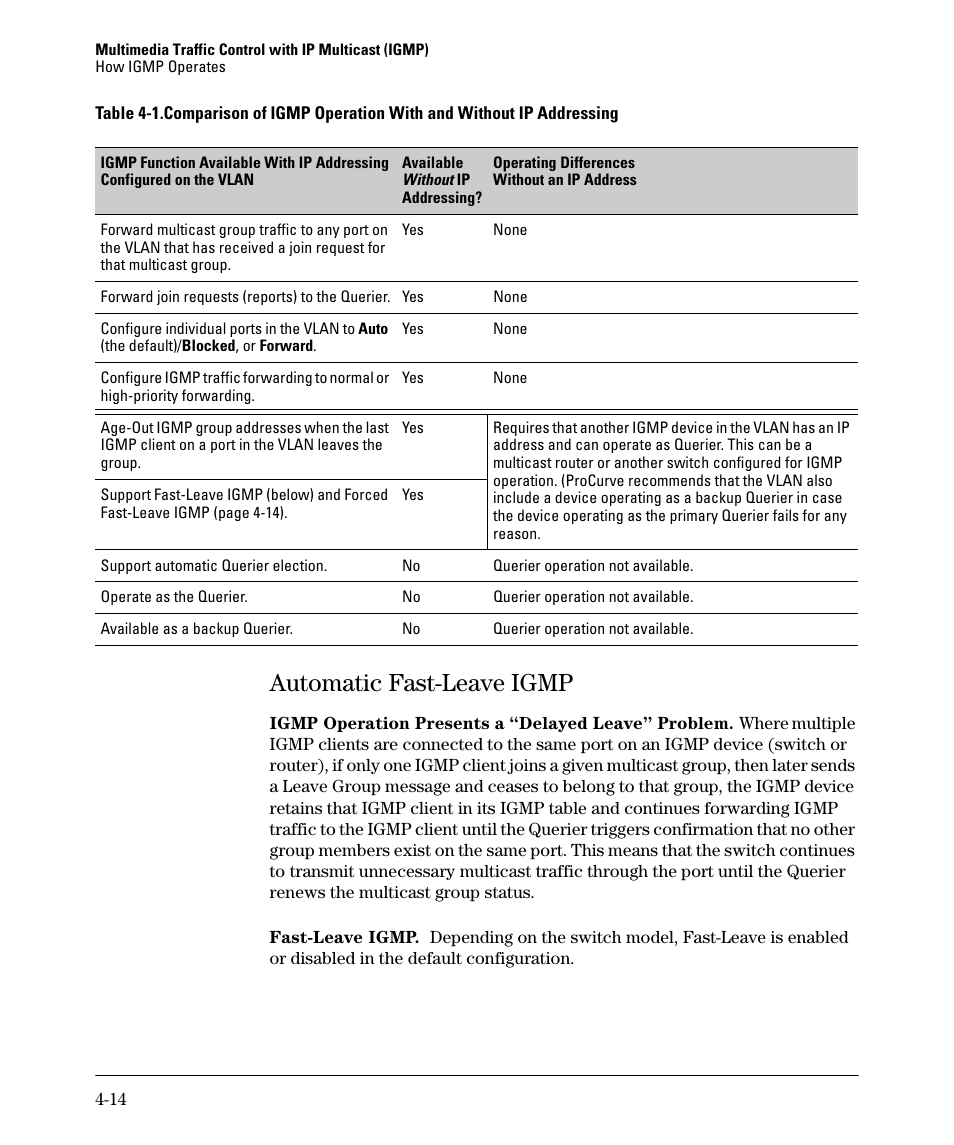 Automatic fast-leave igmp, Automatic fast-leave igmp -14 | HP 2610-PWR User Manual | Page 98 / 364