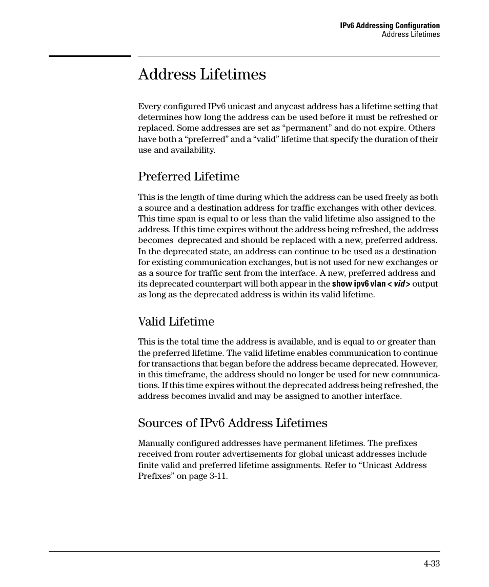 Address lifetimes, Preferred lifetime, Valid lifetime | Sources of ipv6 address lifetimes, Preferred lifetime -33, Valid lifetime -33, Sources of ipv6 address lifetimes -33 | HP 6200YL User Manual | Page 103 / 314