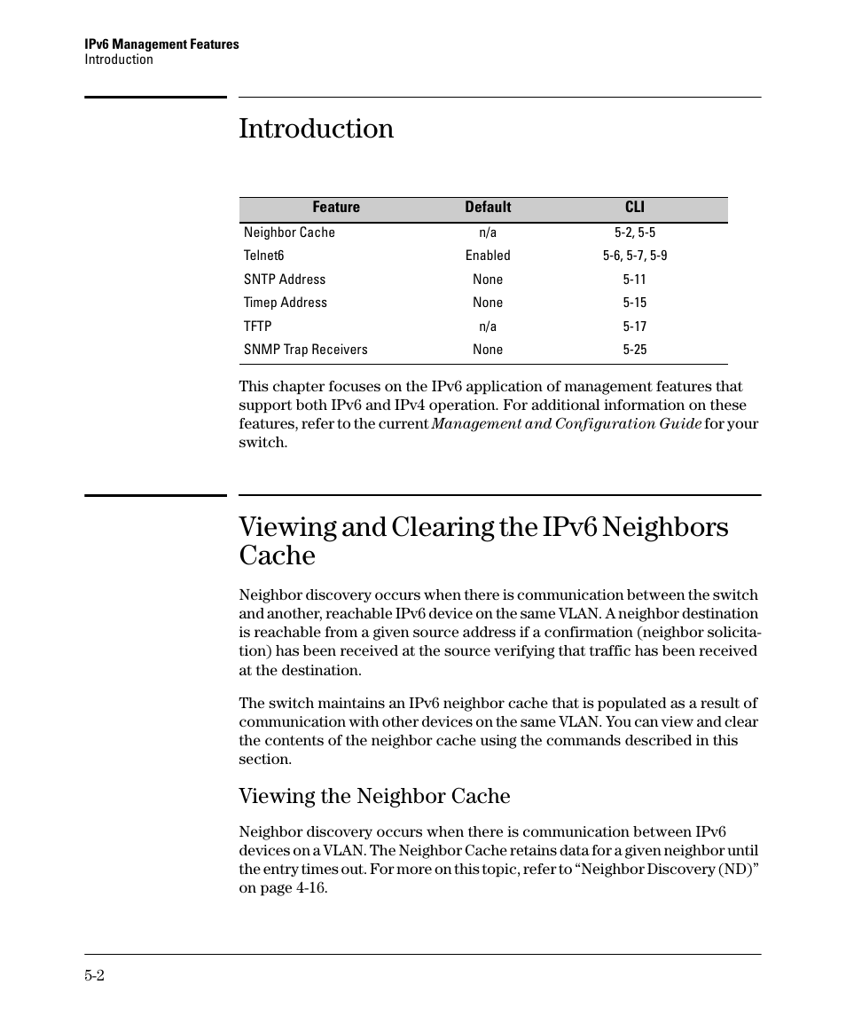 Introduction, Viewing and clearing the ipv6 neighbors cache, Viewing the neighbor cache | Viewing the neighbor cache -2 | HP 6200YL User Manual | Page 106 / 314