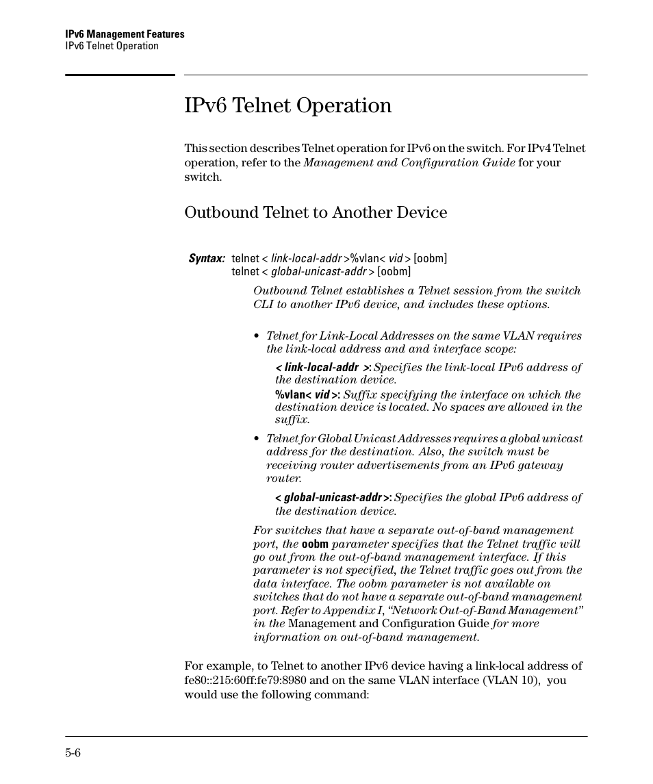 Ipv6 telnet operation, Outbound telnet to another device, Outbound telnet to another device -6 | HP 6200YL User Manual | Page 110 / 314