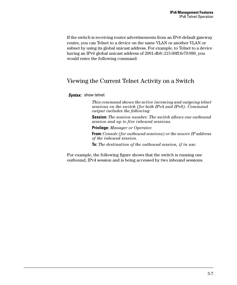 Viewing the current telnet activity on a switch, Viewing the current telnet activity on a switch -7 | HP 6200YL User Manual | Page 111 / 314