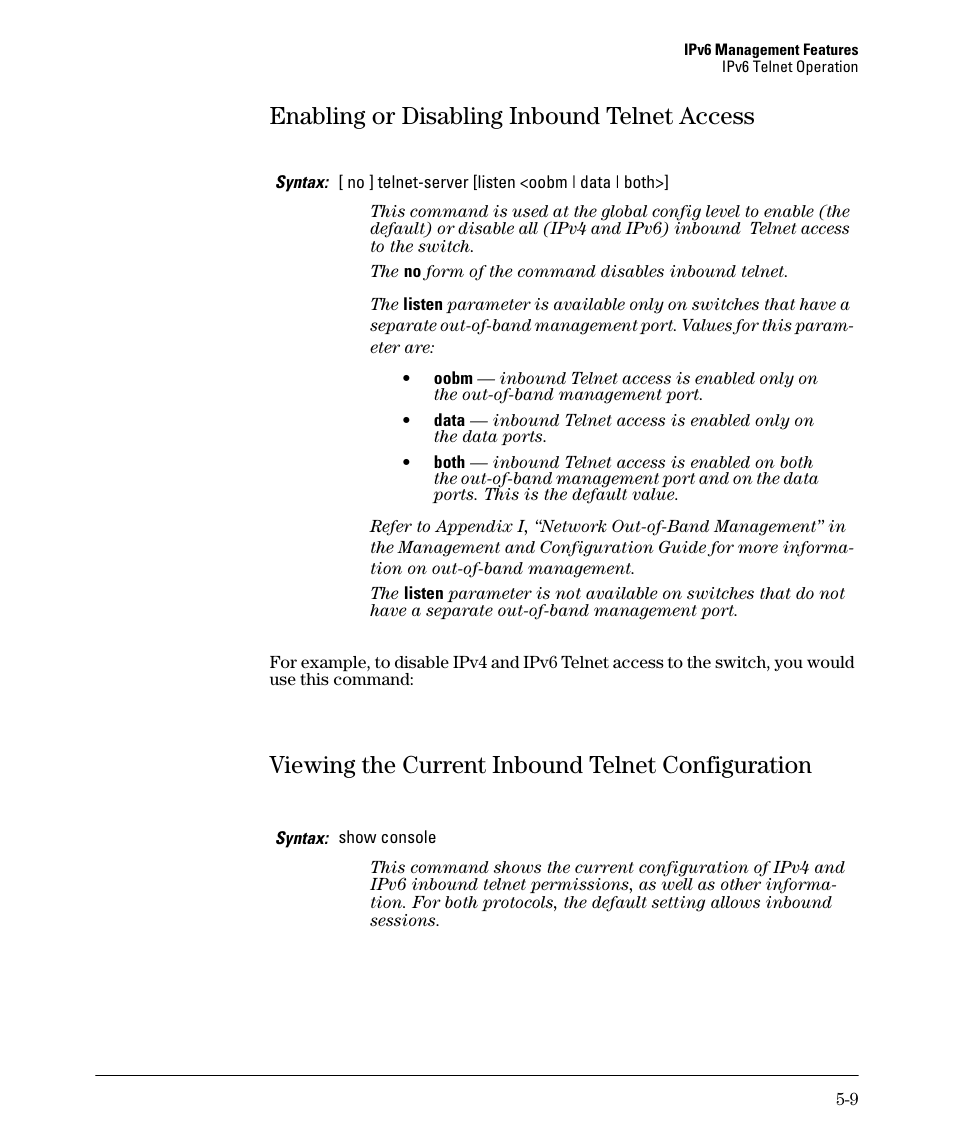 Enabling or disabling inbound telnet access, Viewing the current inbound telnet configuration, Enabling or disabling inbound telnet access -9 | HP 6200YL User Manual | Page 113 / 314