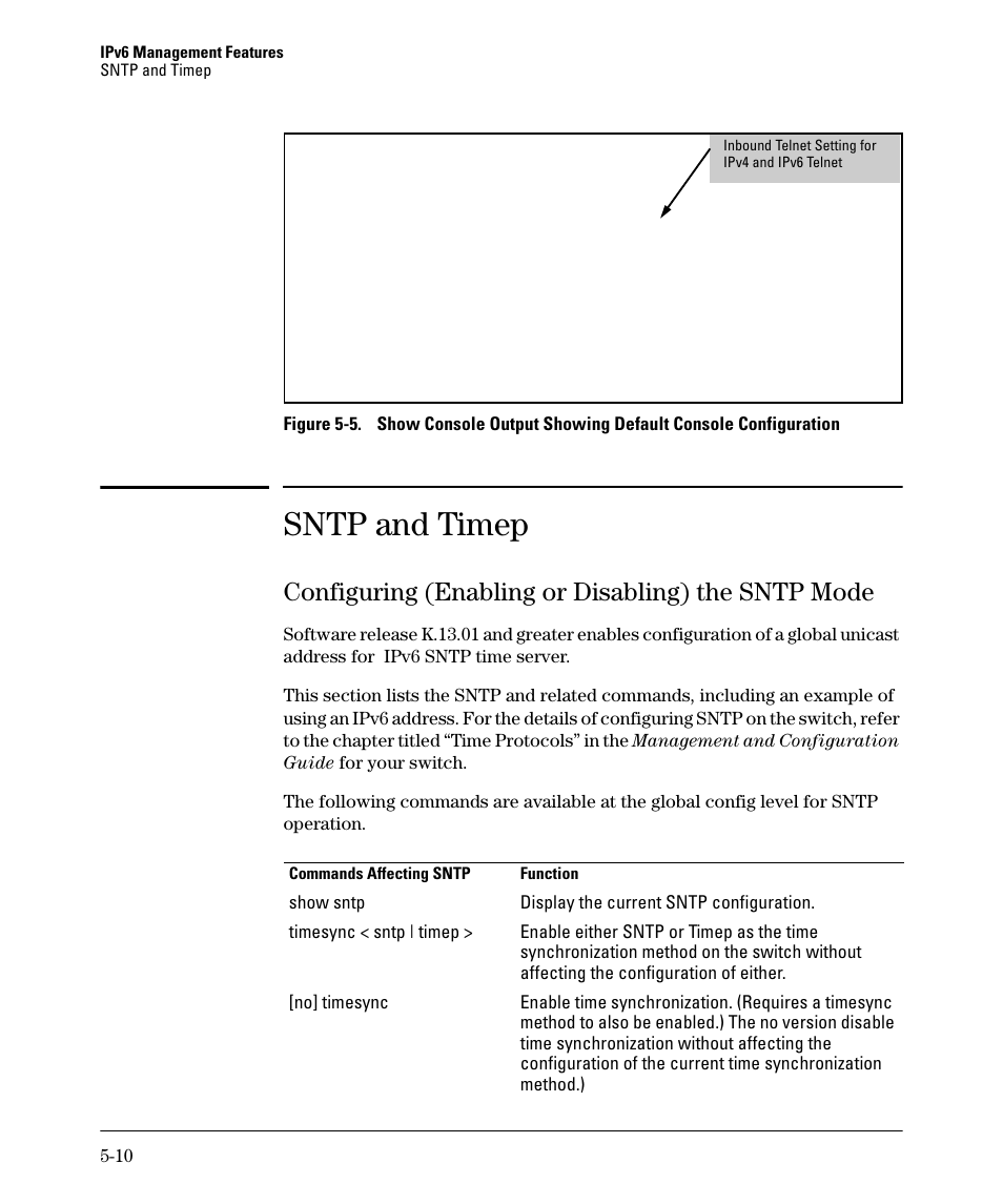 Sntp and timep, Configuring (enabling or disabling) the sntp mode | HP 6200YL User Manual | Page 114 / 314