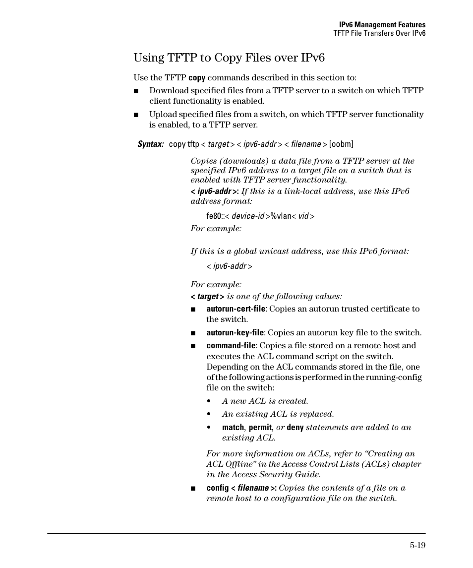 Using tftp to copy files over ipv6, Using tftp to copy files over ipv6 -19 | HP 6200YL User Manual | Page 123 / 314