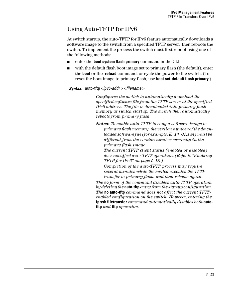 Using auto-tftp for ipv6, Using auto-tftp for ipv6 -23 | HP 6200YL User Manual | Page 127 / 314