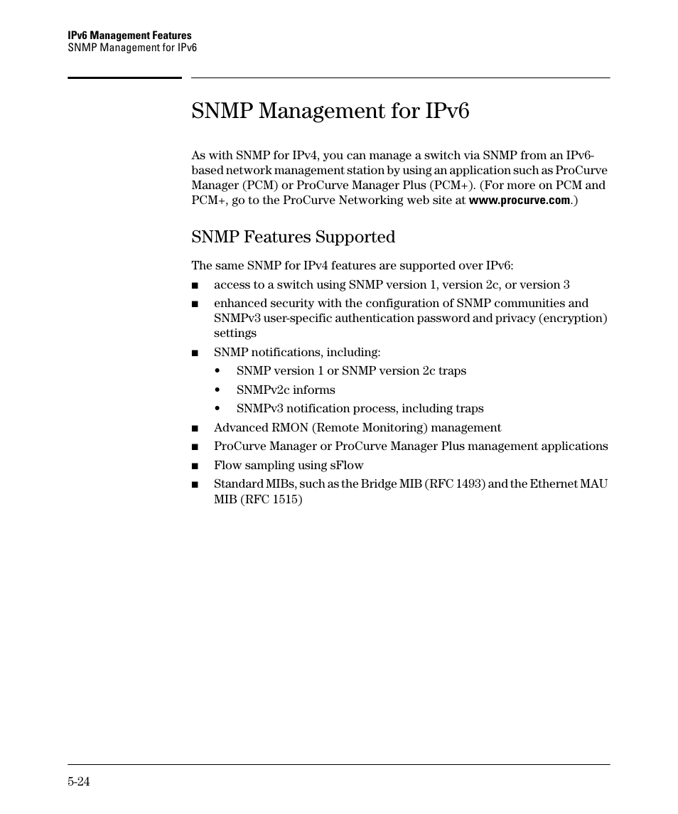 Snmp management for ipv6, Snmp features supported, Snmp features supported -24 | HP 6200YL User Manual | Page 128 / 314