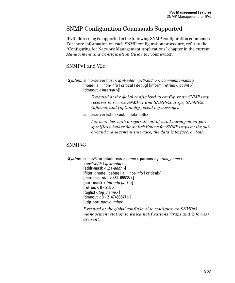 Snmp configuration commands supported, Snmpv1 and v2c, Snmpv3 | Snmp configuration commands supported -25, Snmpv1 and v2c -25, Snmpv3 -25 | HP 6200YL User Manual | Page 129 / 314