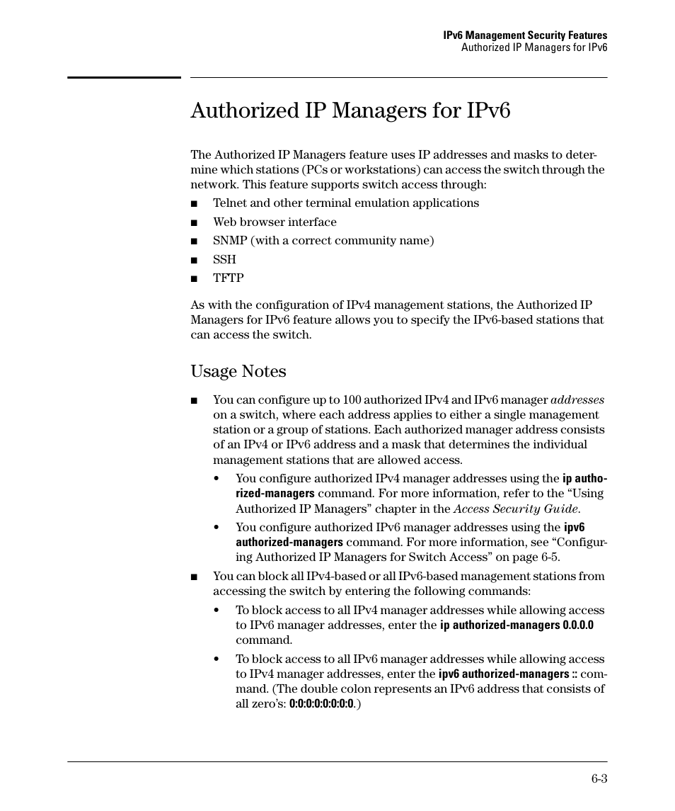 Authorized ip managers for ipv6, Usage notes, Usage notes -3 | HP 6200YL User Manual | Page 137 / 314