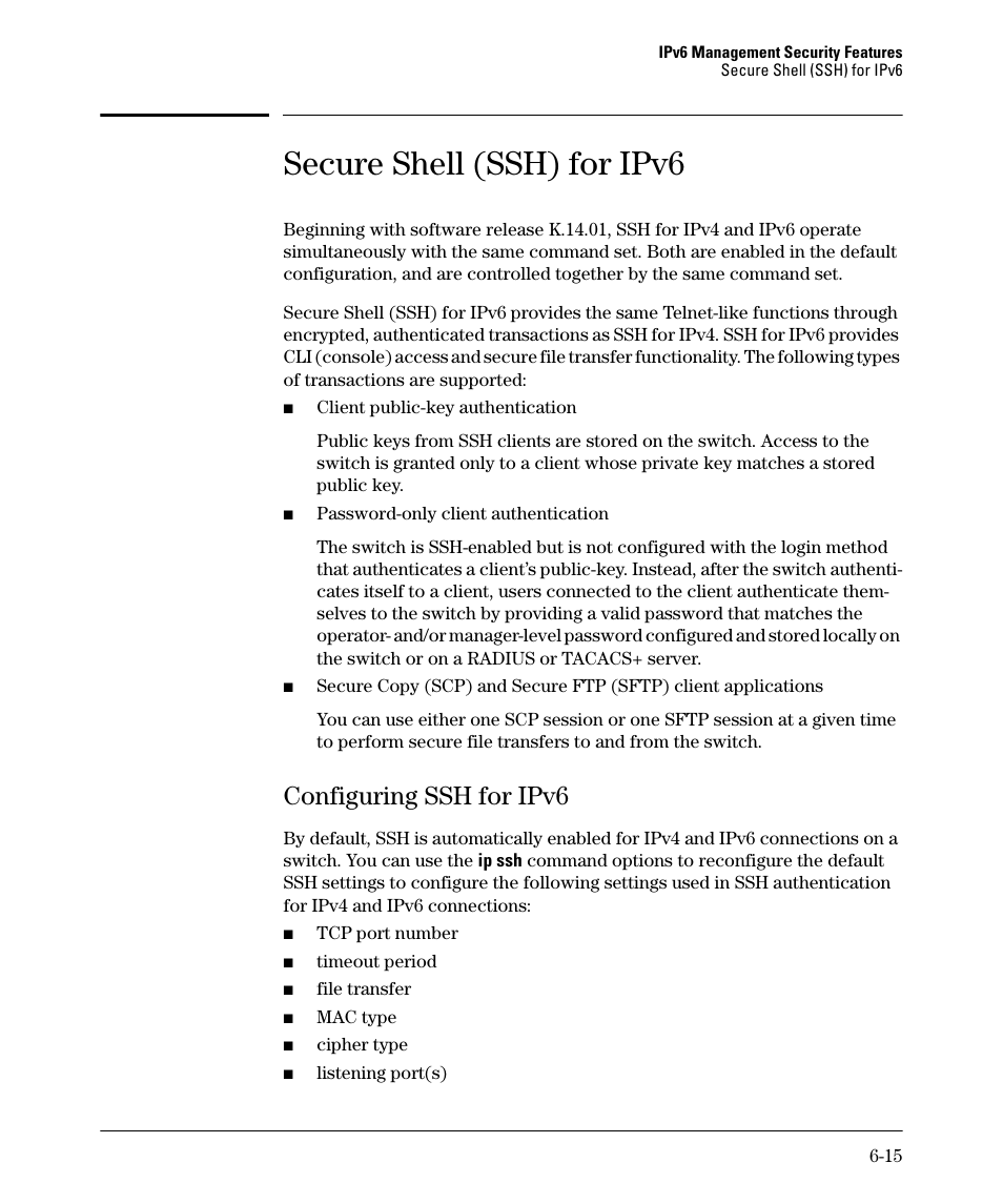 Secure shell (ssh) for ipv6, Configuring ssh for ipv6, Configuring ssh for ipv6 -15 | HP 6200YL User Manual | Page 149 / 314