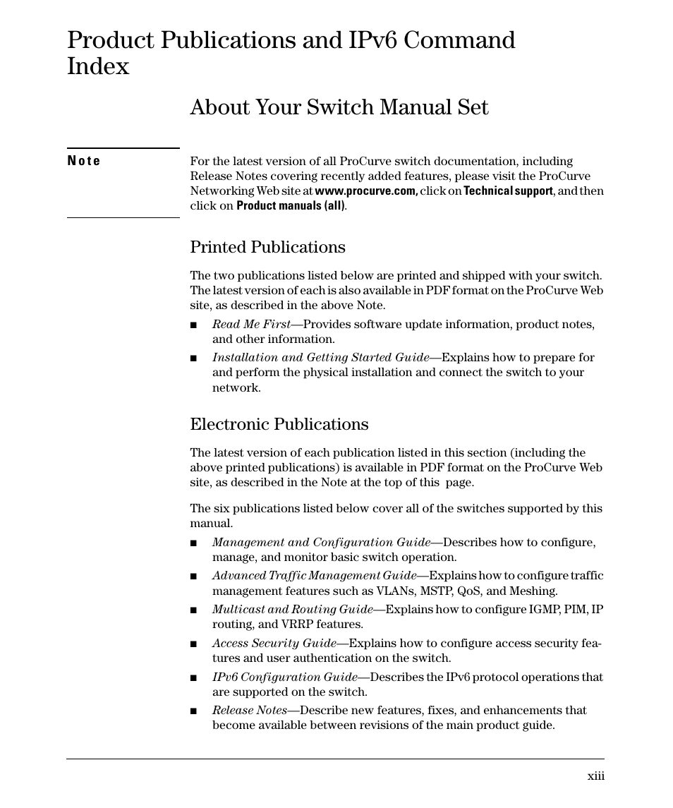 Product publications and ipv6 command index, About your switch manual set, Printed publications | Electronic publications | HP 6200YL User Manual | Page 15 / 314