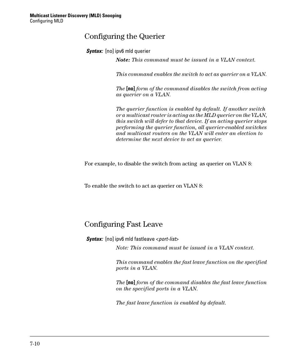 Configuring the querier, Configuring fast leave, Configuring the querier -10 | Configuring fast leave -10 | HP 6200YL User Manual | Page 164 / 314