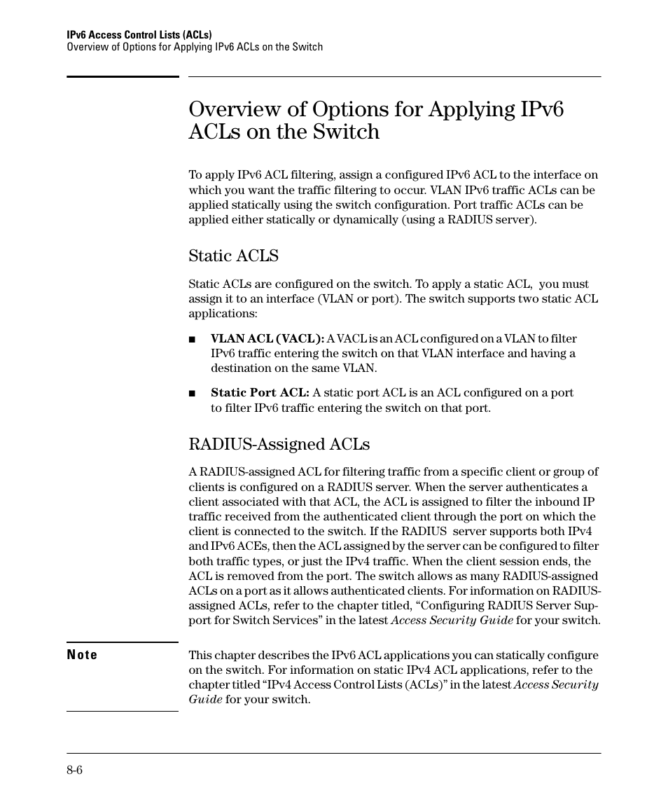 Static acls, Radius-assigned acls, Static acls -6 | Radius-assigned acls -6 | HP 6200YL User Manual | Page 182 / 314