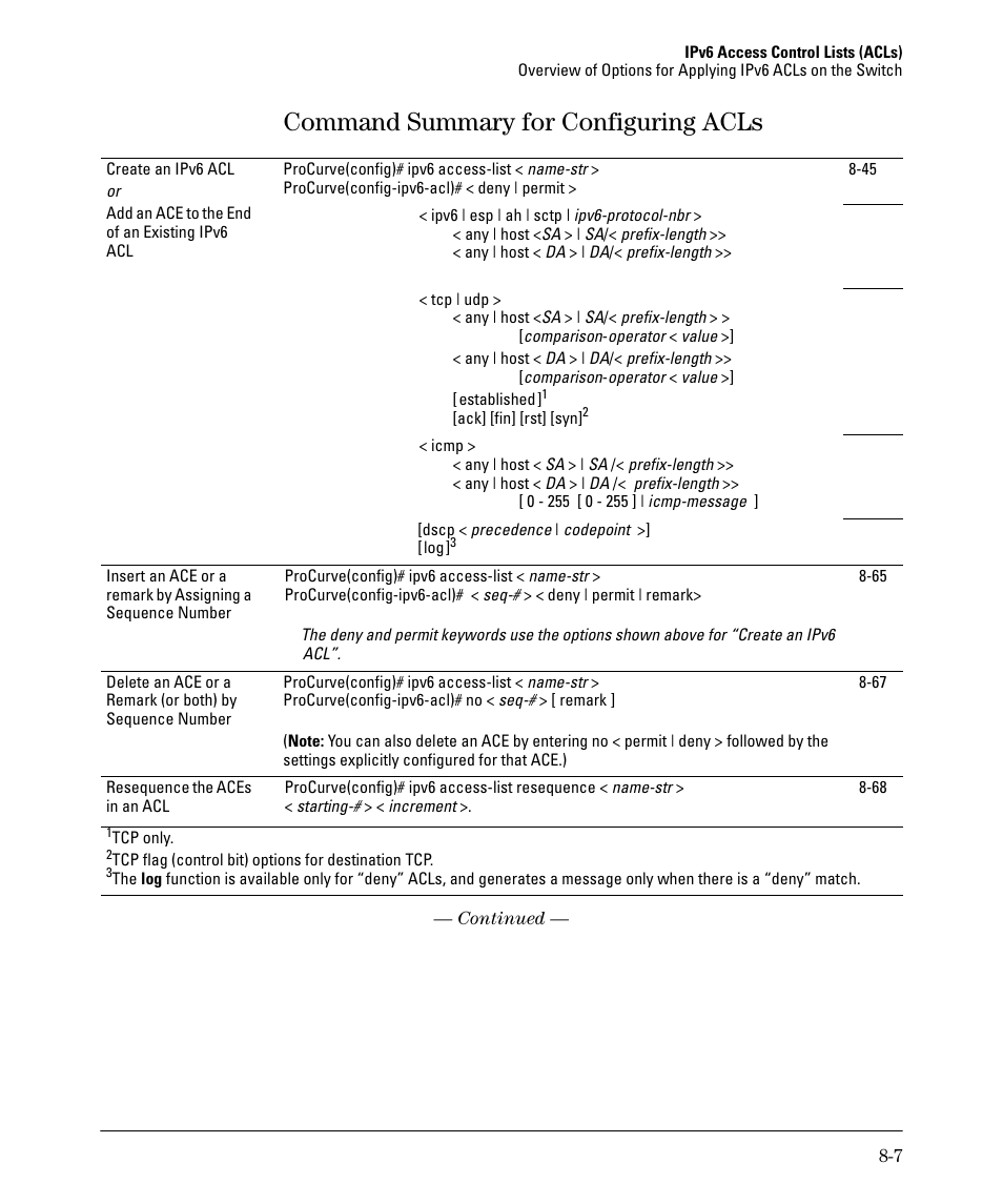 Command summary for configuring acls, Command summary for configuring acls -7 | HP 6200YL User Manual | Page 183 / 314