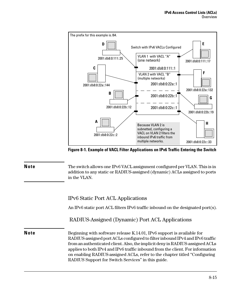 Ipv6 static port acl applications, Radius-assigned (dynamic) port acl applications, Ipv6 static port acl applications -15 | N o t e | HP 6200YL User Manual | Page 191 / 314