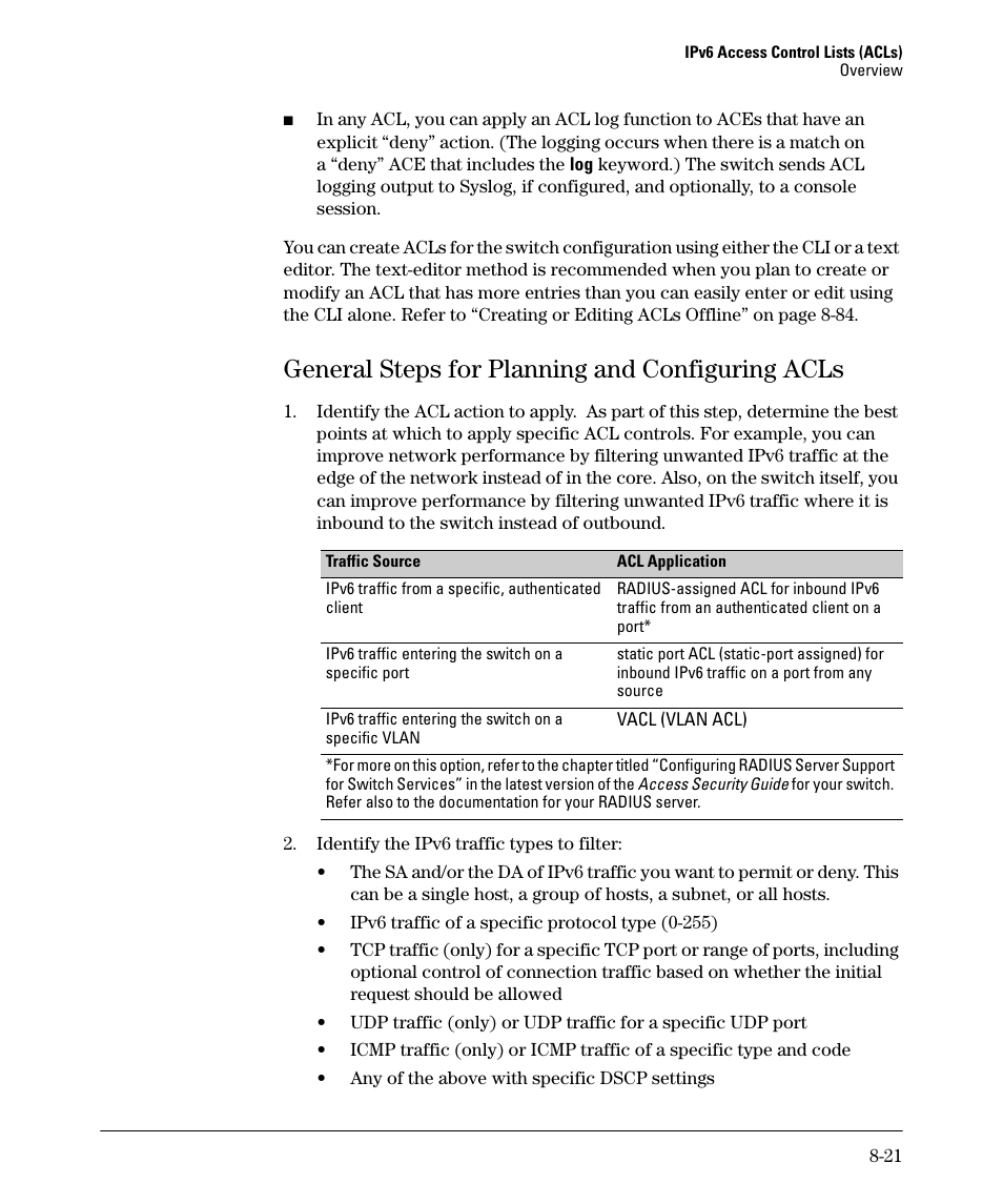 General steps for planning and configuring acls | HP 6200YL User Manual | Page 197 / 314