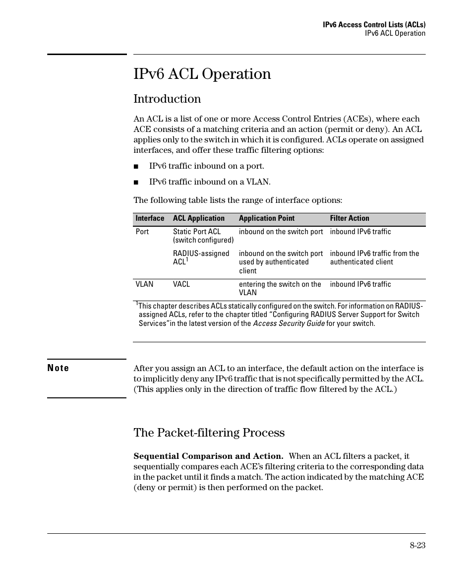 Ipv6 acl operation, Introduction, The packet-filtering process | Introduction -23, The packet-filtering process -23 | HP 6200YL User Manual | Page 199 / 314