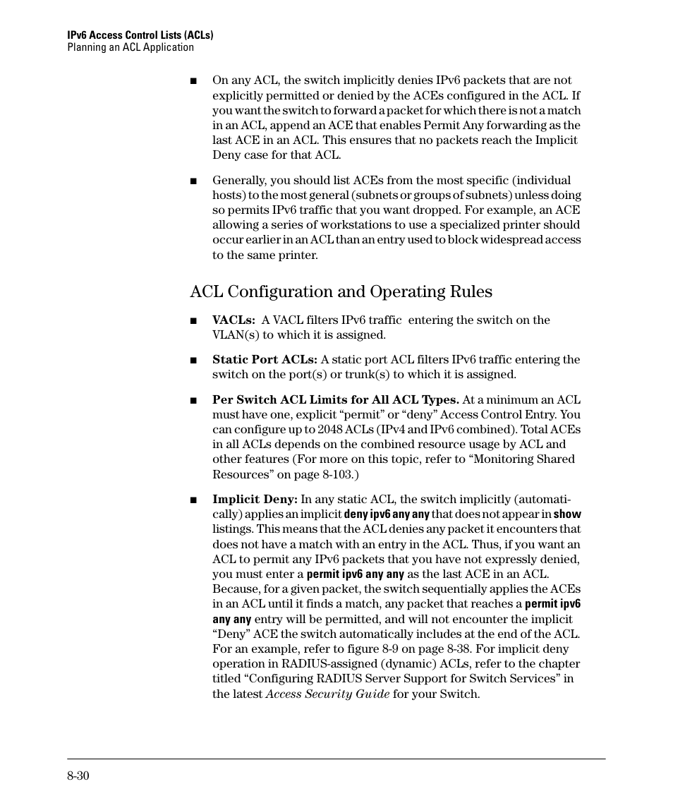 Acl configuration and operating rules, Acl configuration and operating rules -30 | HP 6200YL User Manual | Page 206 / 314