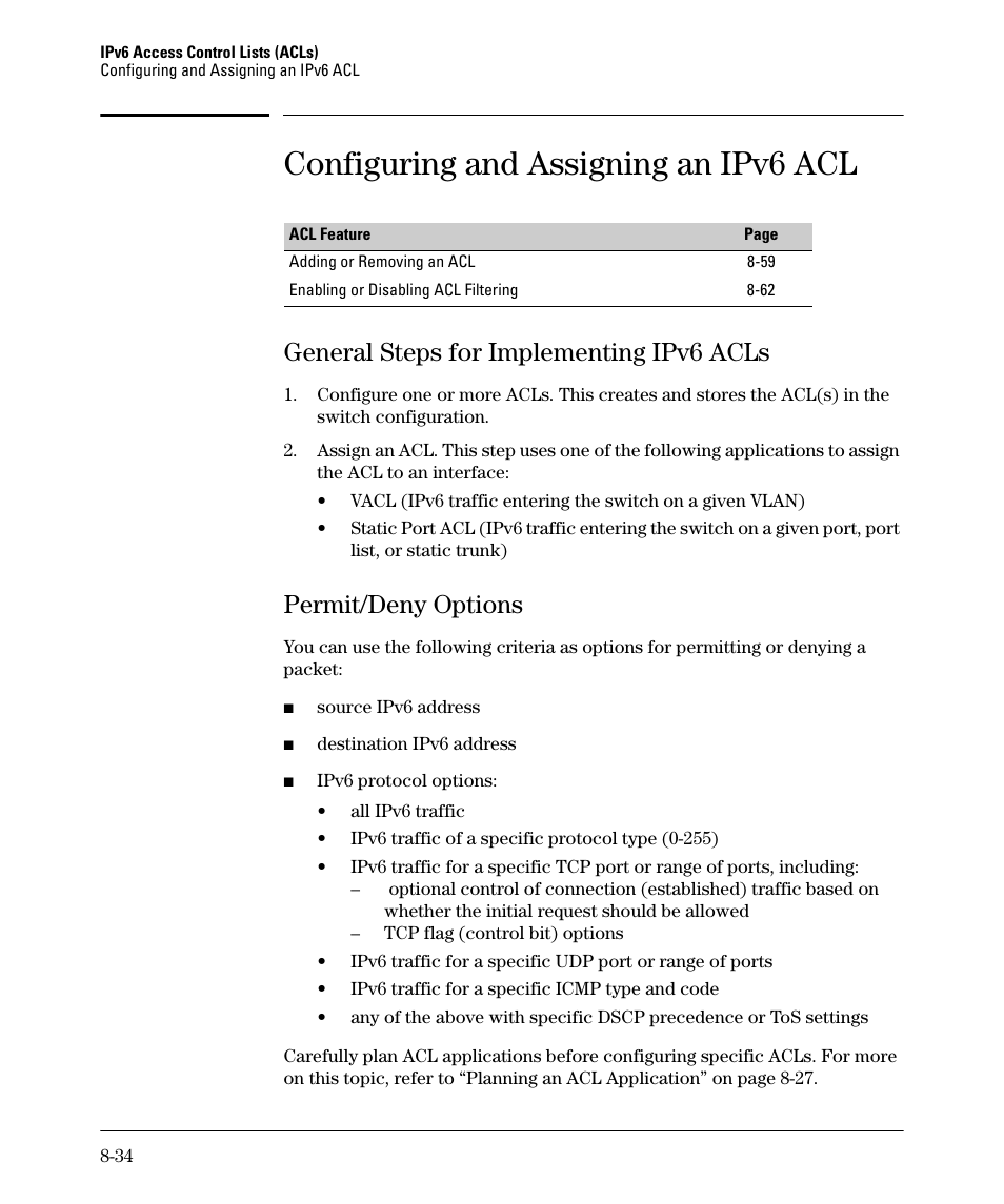 Configuring and assigning an ipv6 acl, General steps for implementing ipv6 acls, Permit/deny options | General steps for implementing ipv6 acls -34, Permit/deny options -34 | HP 6200YL User Manual | Page 210 / 314