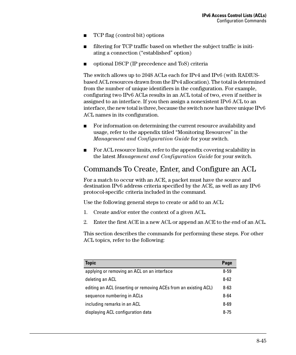 Commands to create, enter, and configure an acl | HP 6200YL User Manual | Page 221 / 314