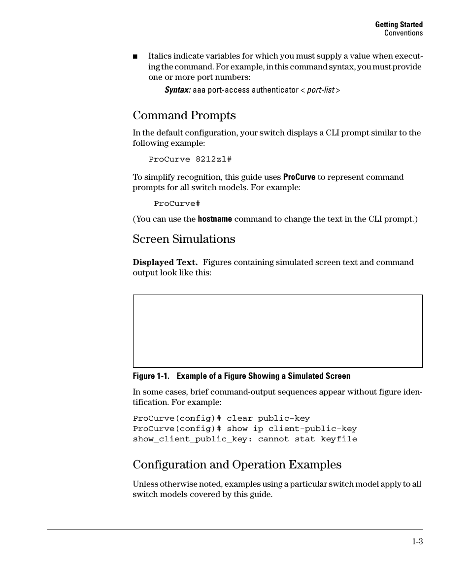 Command prompts, Screen simulations, Configuration and operation examples | Command prompts -3, Screen simulations -3, Configuration and operation examples -3 | HP 6200YL User Manual | Page 23 / 314