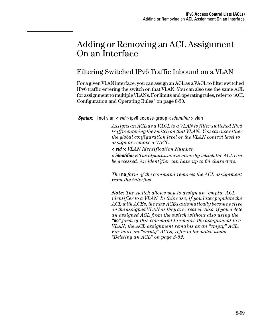 Filtering switched ipv6 traffic inbound on a vlan | HP 6200YL User Manual | Page 235 / 314