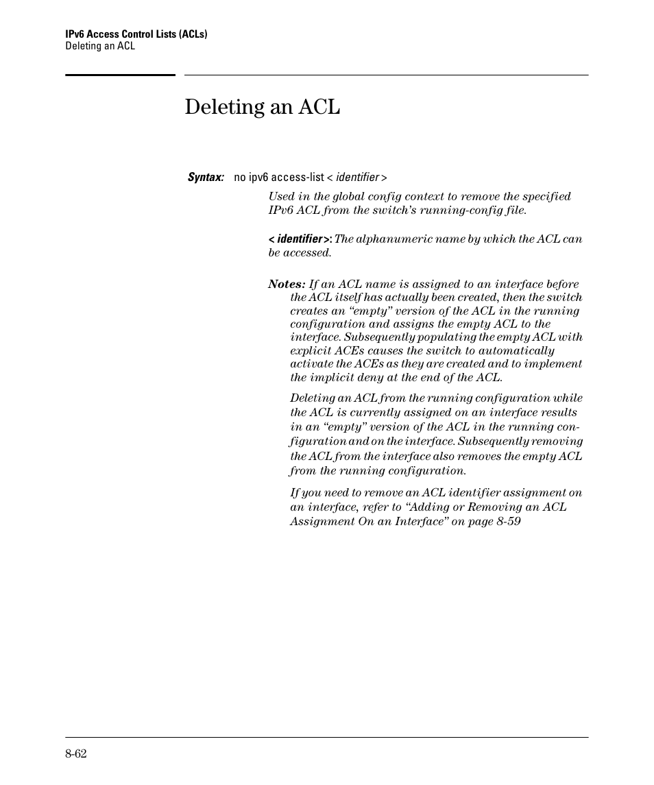 Deleting an acl | HP 6200YL User Manual | Page 238 / 314