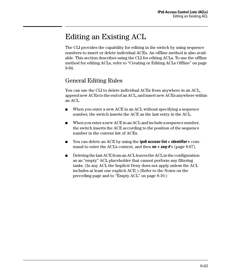 Editing an existing acl, General editing rules, General editing rules -63 | HP 6200YL User Manual | Page 239 / 314