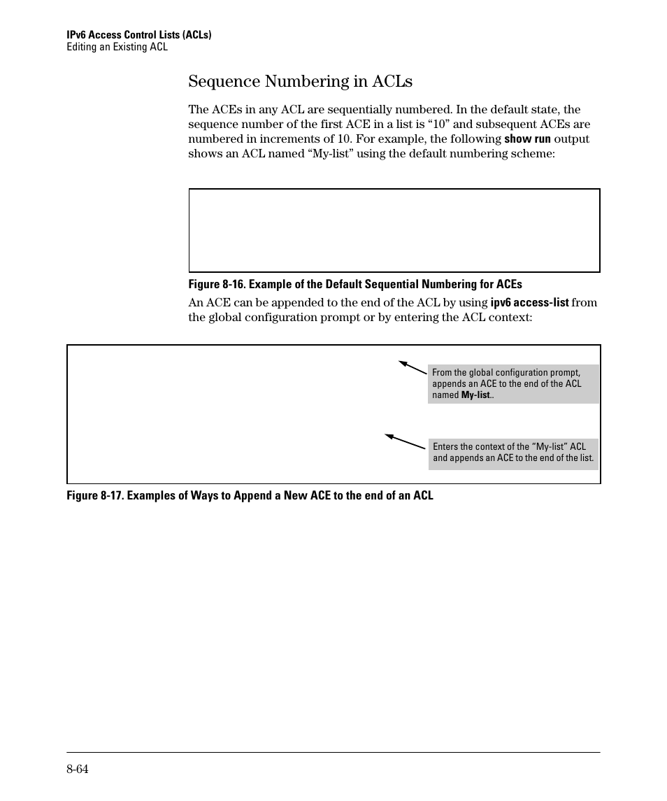 Sequence numbering in acls, Sequence numbering in acls -64 | HP 6200YL User Manual | Page 240 / 314