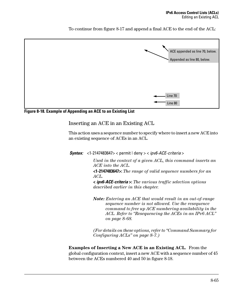 Inserting an ace in an existing acl, Inserting an ace in an existing acl -65 | HP 6200YL User Manual | Page 241 / 314