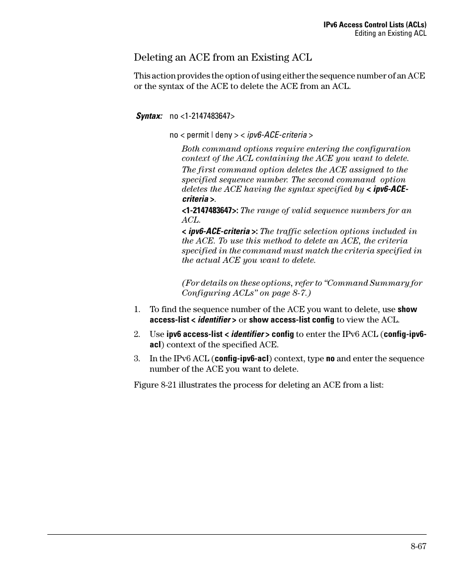 Deleting an ace from an existing acl, Deleting an ace from an existing acl -67 | HP 6200YL User Manual | Page 243 / 314