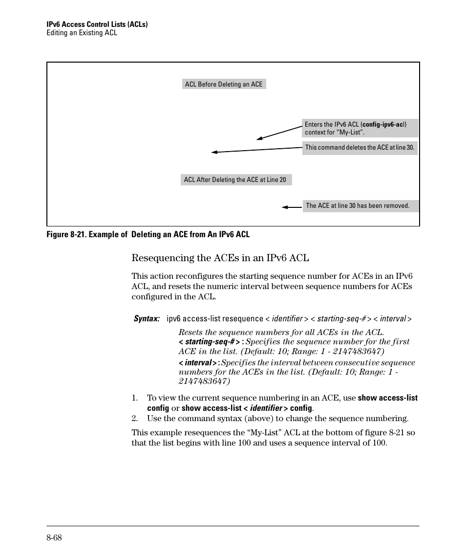 Resequencing the aces in an ipv6 acl, Resequencing the aces in an ipv6 acl -68 | HP 6200YL User Manual | Page 244 / 314