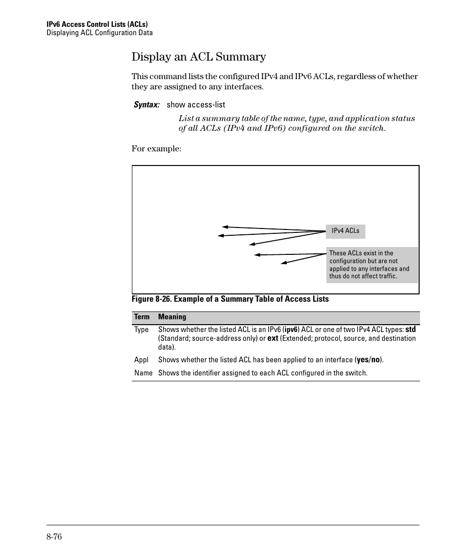 Display an acl summary, Display an acl summary -76 | HP 6200YL User Manual | Page 252 / 314