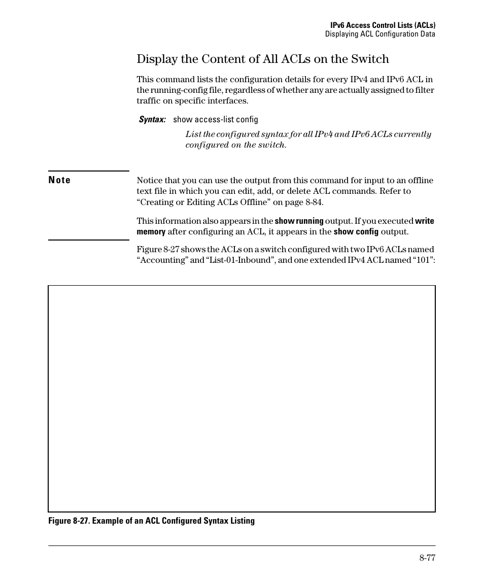 Display the content of all acls on the switch, Display the content of all acls on the switch -77 | HP 6200YL User Manual | Page 253 / 314