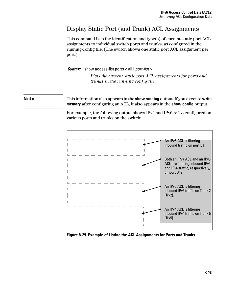 Display static port (and trunk) acl assignments | HP 6200YL User Manual | Page 255 / 314