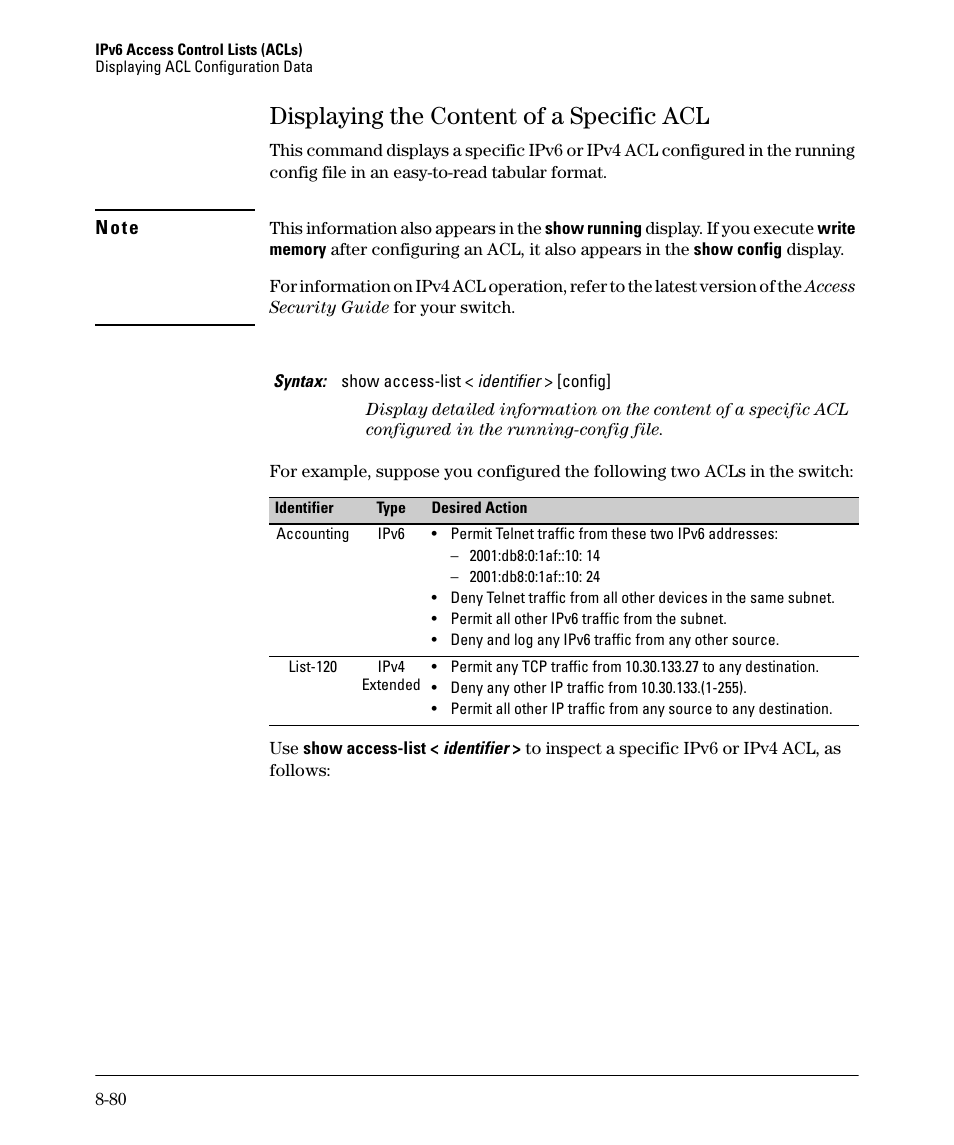 Displaying the content of a specific acl, Displaying the content of a specific acl -80 | HP 6200YL User Manual | Page 256 / 314