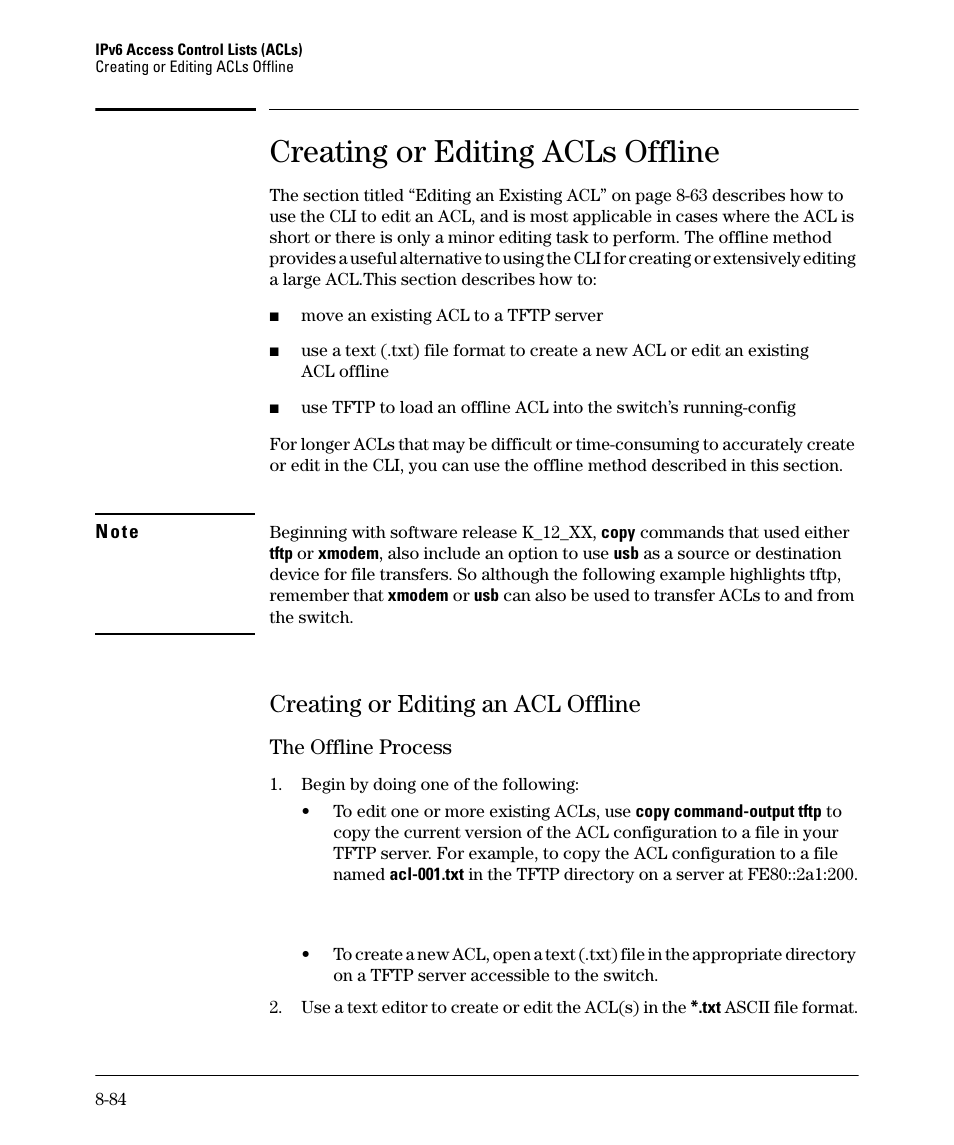 Creating or editing acls offline, Creating or editing an acl offline, The offline process | Creating or editing an acl offline -84, The offline process -84 | HP 6200YL User Manual | Page 260 / 314