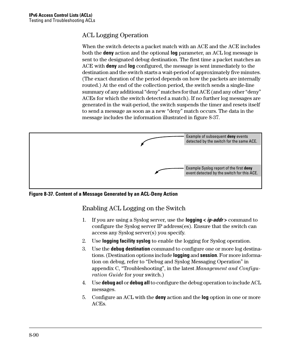 Acl logging operation, Enabling acl logging on the switch, Acl logging operation -90 | Enabling acl logging on the switch -90 | HP 6200YL User Manual | Page 266 / 314