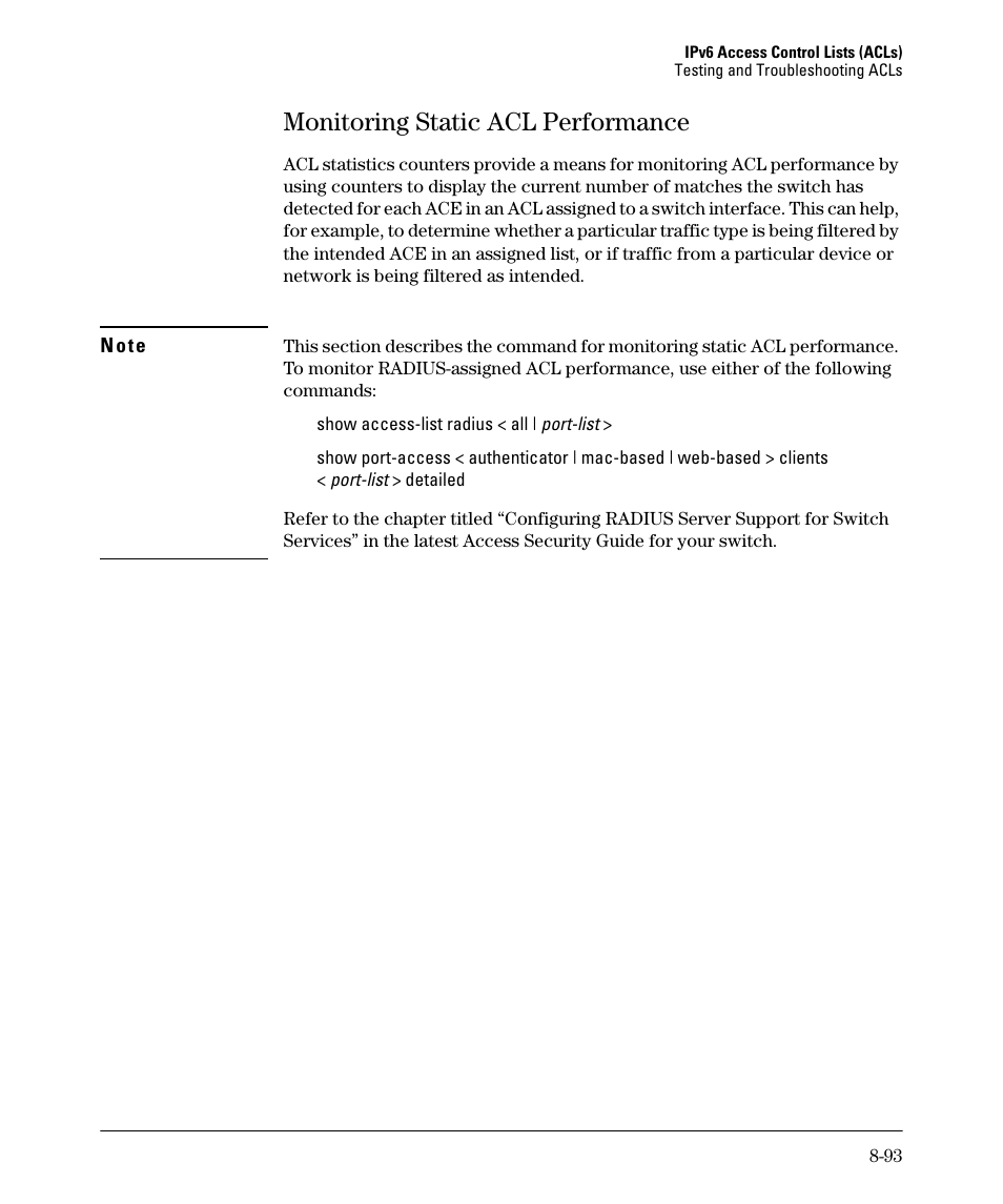 Monitoring static acl performance, Monitoring static acl performance -93 | HP 6200YL User Manual | Page 269 / 314