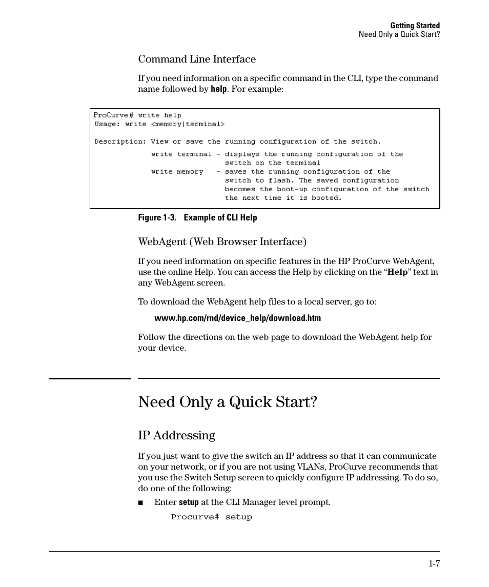 Command line interface, Webagent (web browser interface), Need only a quick start | Ip addressing, Command line interface -7, Webagent (web browser interface) -7, Ip addressing -7 | HP 6200YL User Manual | Page 27 / 314