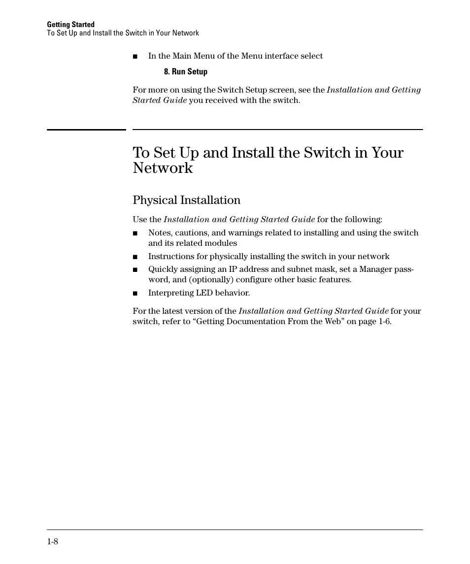 To set up and install the switch in your network, Physical installation, Physical installation -8 | HP 6200YL User Manual | Page 28 / 314