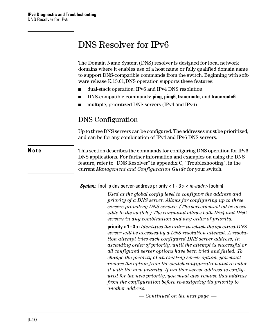 Dns resolver for ipv6, Dns configuration, Dns configuration -10 | HP 6200YL User Manual | Page 290 / 314